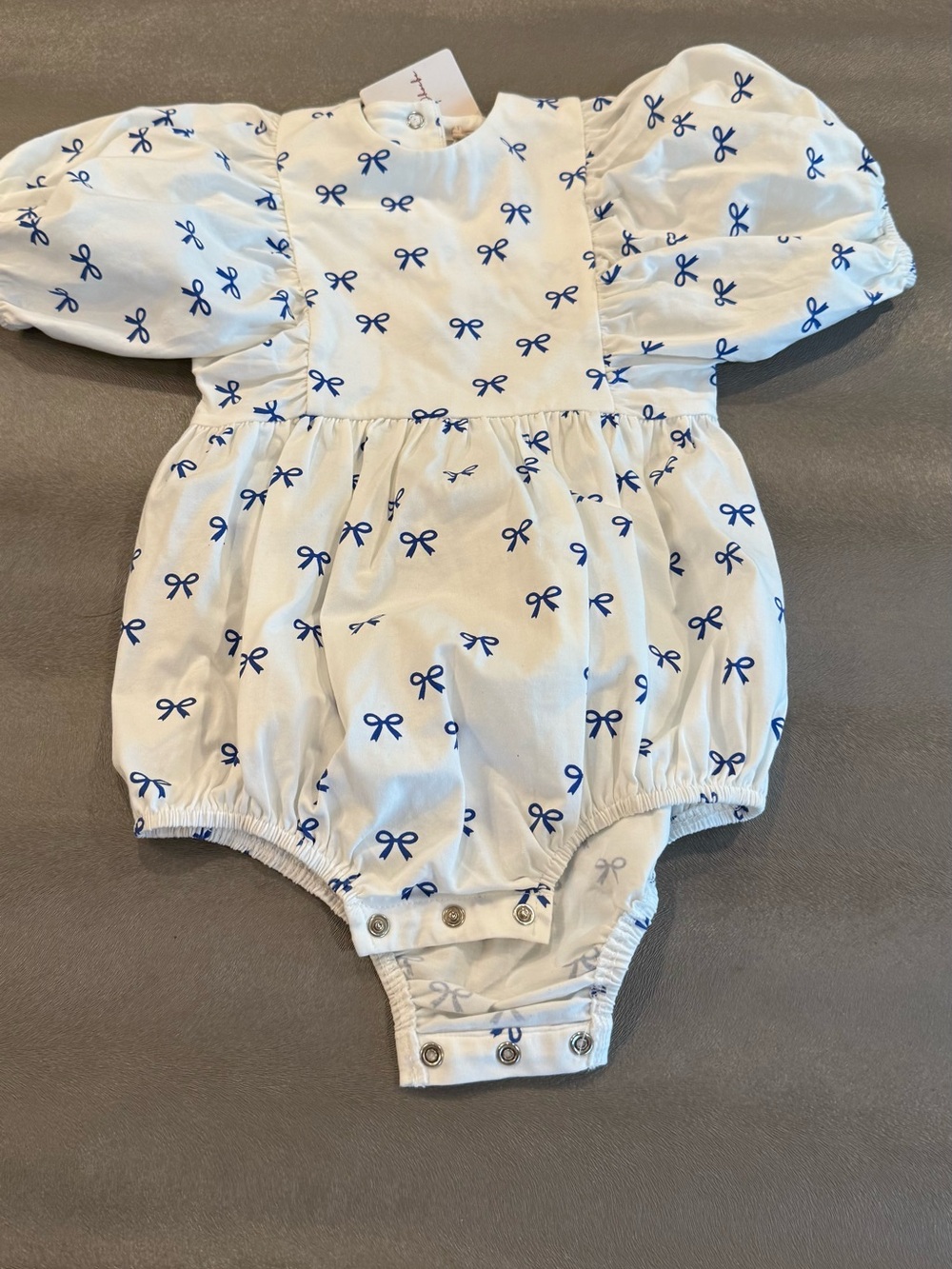 Phil and Phoebe White Baby Romper with Blue Bow Print. Size 2